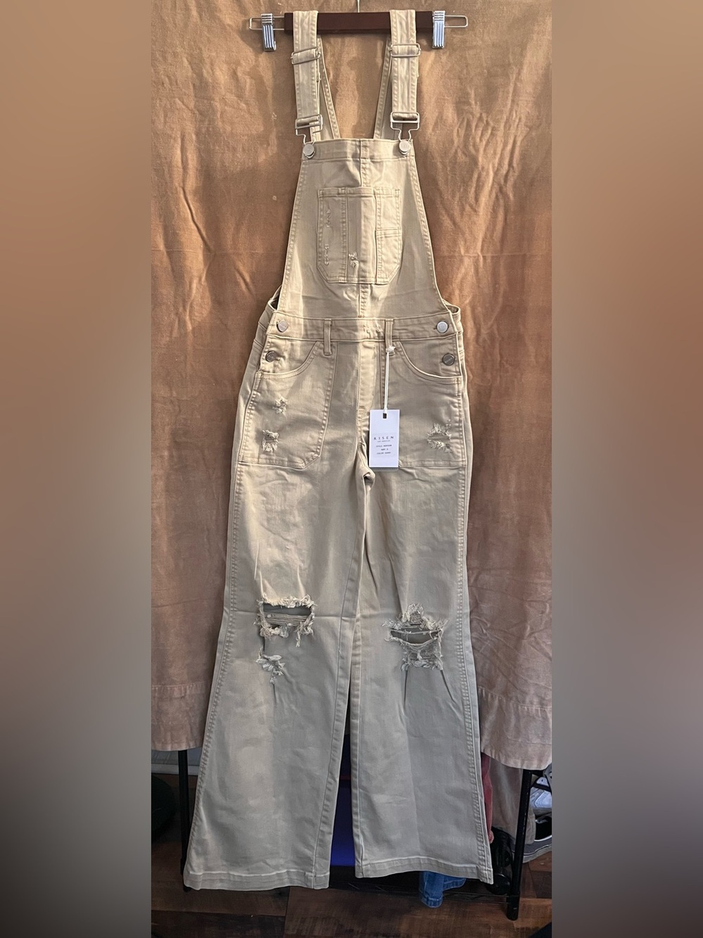 Risen Wide-Leg Distressed Overalls in khaki - Picture 3 of 4